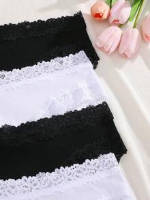 4件組女款簡約舒適蕾絲拼接羅紋三角內褲內衣 - 黑與白 - 查看 5