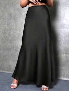 Plus Size Women Elegant Maxi Satin Skirt, Solid Color Black Spring - Black - View 3