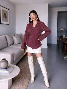 Women's Casual Striped Side Waist Tie Fashion Shirt - Burgundy - View 4