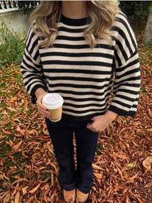 Women's Plus Size Classic Striped Knit Sweater, Cream Beige & Black Striped Contrast Trim Drop Shoulder Loose Fit Knit Cardigan, Autumn/Winter Essential - Khaki and Black - View 7
