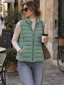 Women's Lightweight Puffer Vest, Sleeveless Zip-Up Stand Collar Quilted Gilet With Pockets, Casual Everyday Layering Jacket For Spring & Fall - Mint Green - View 3