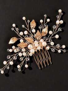 European & American Bridal Gold Leaf Faux Pearl Crystal Hair Comb, Handmade Updo Hair Comb, Wedding Headpiece, Evening Party Hair Accessory - Gold - View 1