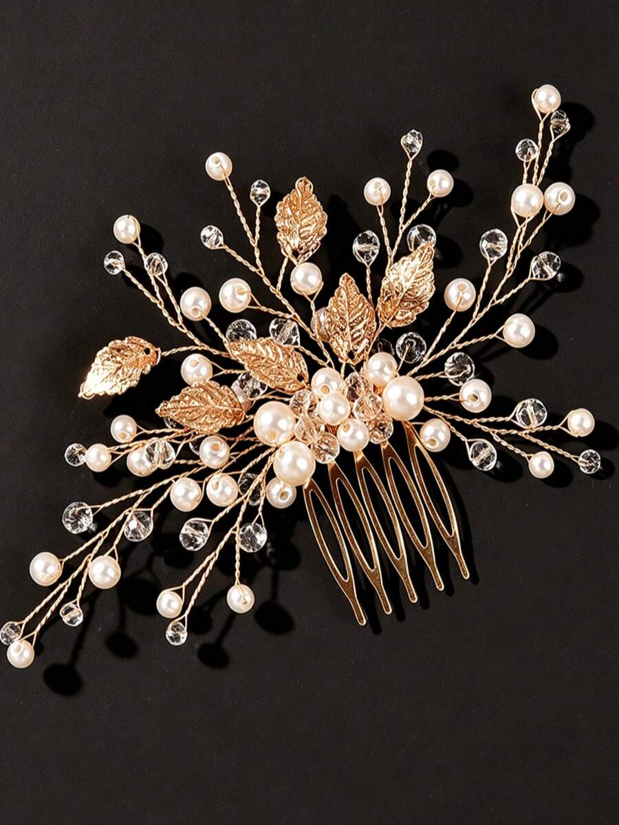 European & American Bridal Gold Leaf Faux Pearl Crystal Hair Comb, Handmade Updo Hair Comb, Wedding Headpiece, Evening Party Hair Accessory - Gold - View 1