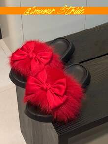 Women's Satin Bow Decor Fluffy Faux Fur Thick Sole Open Toe Slides, Anti-Slip Indoor/Outdoor Slippers - Red - View 4