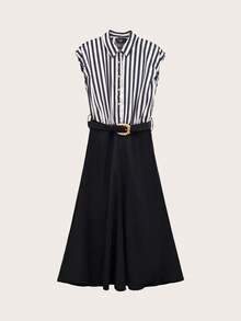 Summer Striped Pleated Patchwork Waist Belt Dress Elegant - Black and White - View 2