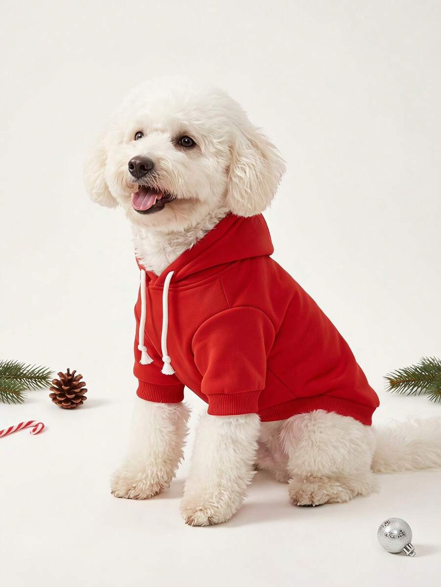 PETSIN 1pc Solid Color Korean Style Regular Shoulder Sleeve Minimalist Versatile Pet Hoodie, Comfortable All-Match Style Suitable For Cats And Dogs, Indoor And Outdoor - Red - View 1