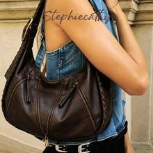 STEPHIECATHY Large Women's Shoulder Wide Woven Bag, PU Leather, Y2K Vintage Distressed Perforated Design, Adjustable Shoulder Strap, Zipper Decor, Pillow Style Bohemian Handbag, Suitable For Daily, Travel, Commute - Multicolor - View 4
