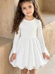 Girls White Round Neck Ribbed Long Sleeve Knit Patchwork Puff Hem Lantern Dress, Simple Cute Princess Style Young Girl Outfit - White - View 6