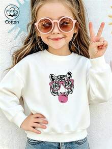 Kids' Loose Fit Crewneck Sweatshirt With Tiger Print, Pink Glasses & Tongue Design, Cotton Long Sleeve Top For Spring Autumn Daily Wear - White - View 1