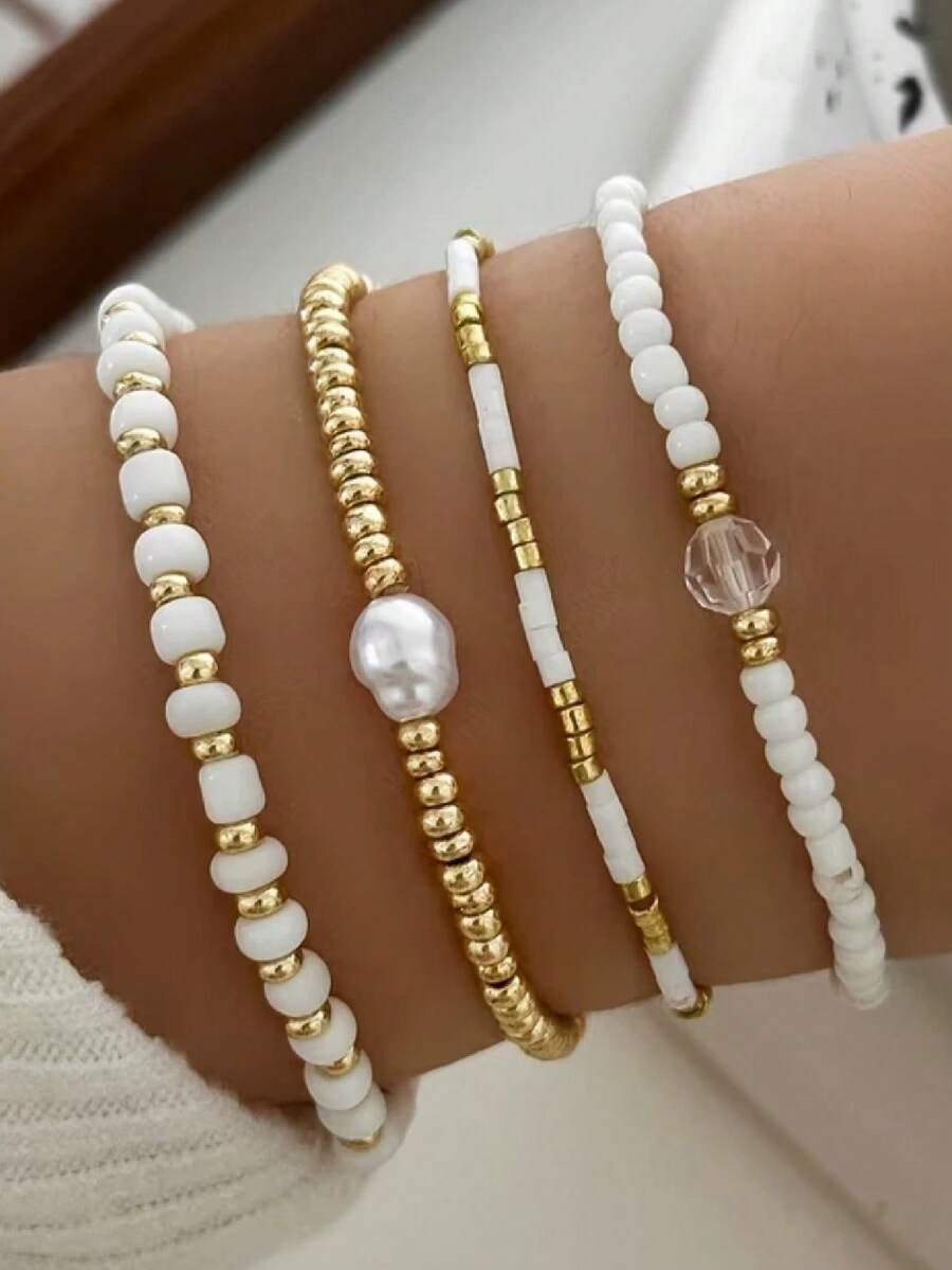 4PCS CCB Rice Bead Bracelet, Fashionable Personalized Asymmetrical Faux Pearl Beaded Bracelet, Beach Style Women's Jewelry (Mixed Rice Beads, Non-Positioned) - Gold - View 1