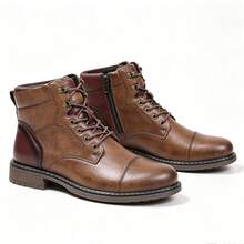 Men's Retro Brown Boots, British Style High-Top Lace-Up Work Boots, Wear-Resistant Non-Slip Business Casual Leather Boots - Brown - View 15