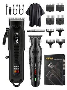 HIENA 男士電動理髮器與刮鬍刀套組，4件/3件/2件/單件可選，包含 USB 充電無線理髮器、修剪器、往復式刮鬍刀、手動刮鬍刀（附 6 組可替換刀片），鋰電池，多種配件，精美禮盒包裝，理想禮物，迷你機身方便旅行 - 黑色 - 查看 14