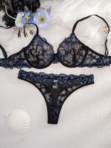 Colorblock Lace Lingerie Set, Includes Embroidered Bra And Low-Waist Panties - Black - View 5