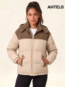 AHTELB Women's Winter Color-Block Patchwork Hooded Padded Coat, Thickened Thermal Lining Heat-Locking Warm Jacket, Ribbed Cuffs Stand Collar Jacket, Side Pockets For Hand Warming, Outdoor & Home Wear Loose Fit Comfortable Versatile Warm Clothing.Hooded Color‑Block Padded Coat, Warm Filling, Ribbed Cuffs, Hand Pockets, Loose Fit - Khaki - View 5