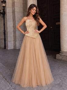 VIPGIRL Elegant Luxury Strapless Sleeveless Maxi Dress, Made Of Mesh Fabric With Contrast Sequin Decor, Flared Skirt Fall Wedding Party - Champagne - View 4