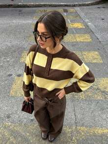 Women's Casual Comfortable Colorblock Striped Knit Sweater, Round Neck Button Design Top, Suitable For Daily Autumn/Winter Comfortable Outfit - Multicolor - View 6