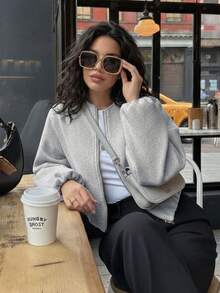 GMFP 女款秋冬休閒優雅寬鬆淺灰色圓領拉鍊飛行員夾克，適合度假與假期穿搭 - 淺灰色 - 查看 5