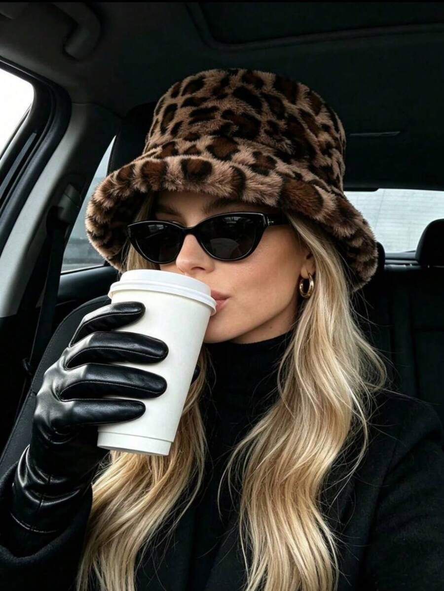 1pc Leopard Print Thick Warm Casual Plush Bucket Hat, Street Style - Leopard Print - View 1