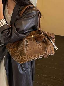 New Vintage Leopard-Print Women's Tote Bag With Charms, Fashionable Strap Accents, Shoulder Bag, Large-Capacity Handbag, Wallet - Coffee Brown - View 6