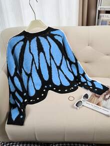 Cardigan Rajut Lengan Panjang Leher V Motif Kupu-kupu Ukuran Besar untuk Wanita, Jaket Sweater Pendek Warna Kontras Hitam & Biru, Pakaian Musim Gugur - Biru muda - View 3