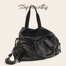 STEPHIECATHY Women's Retro Casual Chic Street Style Washed PU Leather Zipper Multi-Pocket Large Capacity Tote Bag, Fits 13-Inch Laptop, Adjustable Shoulder Strap For Crossbody Or Shoulder Wear, Suitable For Daily Commute, College, Short Trips, Rockabilly, Y2K, Gothic Punk Style - Black - View 7