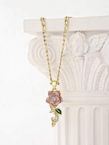 1 High-Quality Rose Pendant Necklace, Branches Dotted With Broken Diamonds And Green Enamel Leaves Suitable For Girls To Wear On Many Occasions. - Yellow Gold - View 4