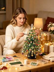 1 Set DIY Beaded Christmas Tree Kit, Handmade Beaded Craft Decoration, Includes Colorful Beads, Hanging Ornaments, Tree Topper And Base, Suitable For Desktop Holiday Display, Winter Home Decor, Christmas Party Decoration, Christmas DIY Craft - Multicolor - View 2