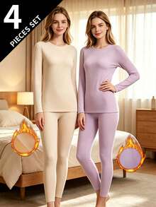 4pcs/Set Women's Warm Thermal Underwear Set, Crew Neck Top + Pants, Winter Base Layer Innerwear - Multicolor - View 1