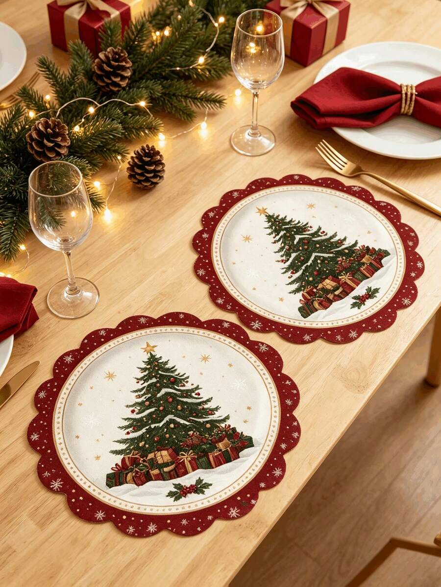 1/2/4pcs Christmas Placemats, Lace Design, Christmas Tree Element, Bamboo Fiber Material, Suitable For Christmas Decoration, Dining Table Decoration, Holiday Decoration, Holiday Gathering Party - Multiple Styles - View 1