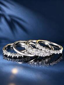 4pcs Set Luxury Zirconia Stackable Rings For Women, Gold Plated Transparent Zirconia Full Circle Rings, Elegant Bridal Wedding Jewelry For Daily Wear And Party - 4 Rings - View 1
