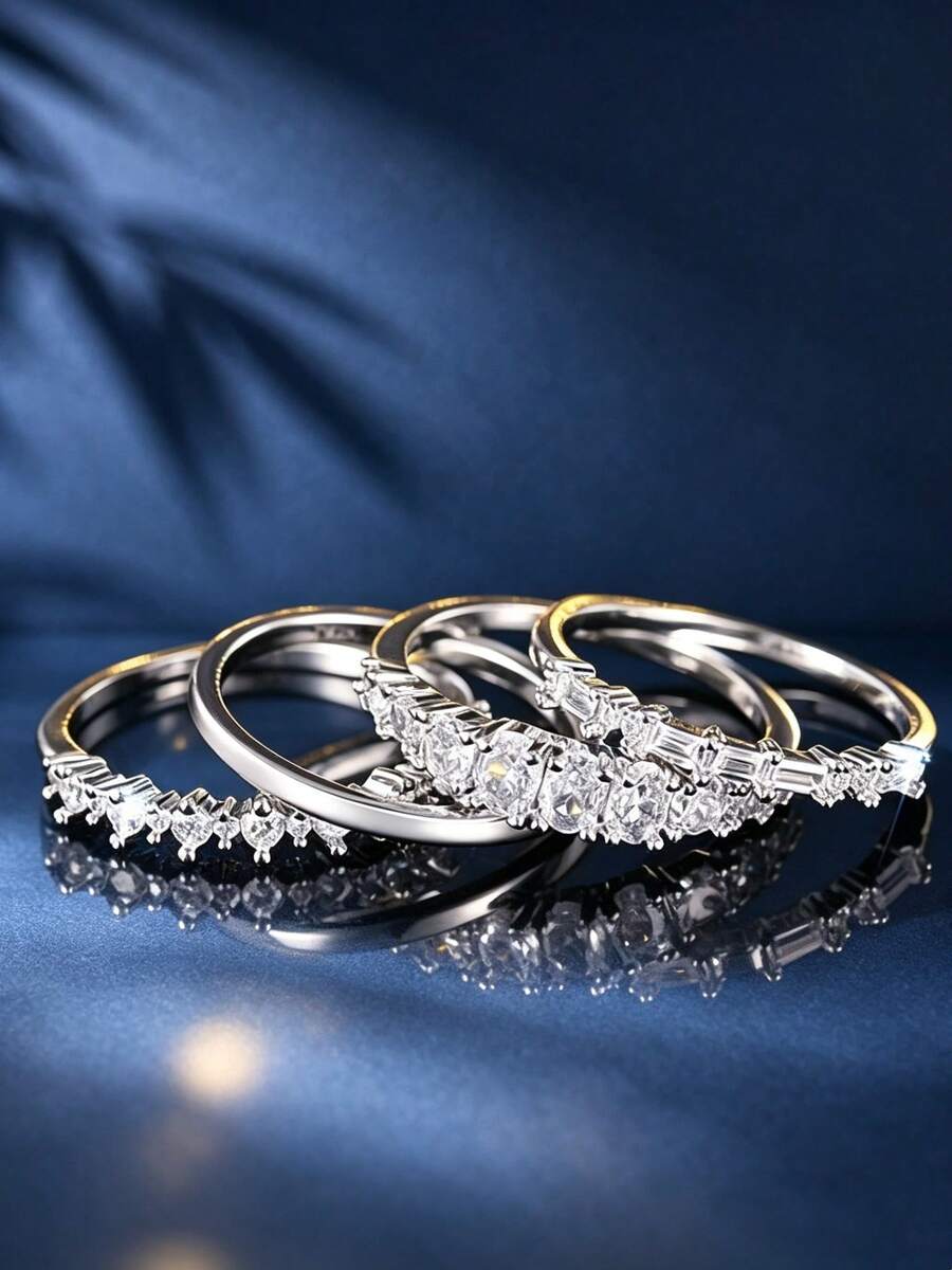 4pcs Set Luxury Zirconia Stackable Rings For Women, Gold Plated Transparent Zirconia Full Circle Rings, Elegant Bridal Wedding Jewelry For Daily Wear And Party - 4 Rings - View 1