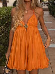 DORISS Summer Spaghetti Strap A-Line Short Metal Buckle Dress, Elegant Beach Vacation Afternoon Tea Streetwear Dress Party - Orange - View 2