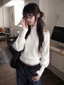 Autumn/Winter New Sexy Korean Style Scarf Off-Shoulder Long Sleeve Versatile Asymmetrical Base Layer Sweater Top - Apricot - View 3