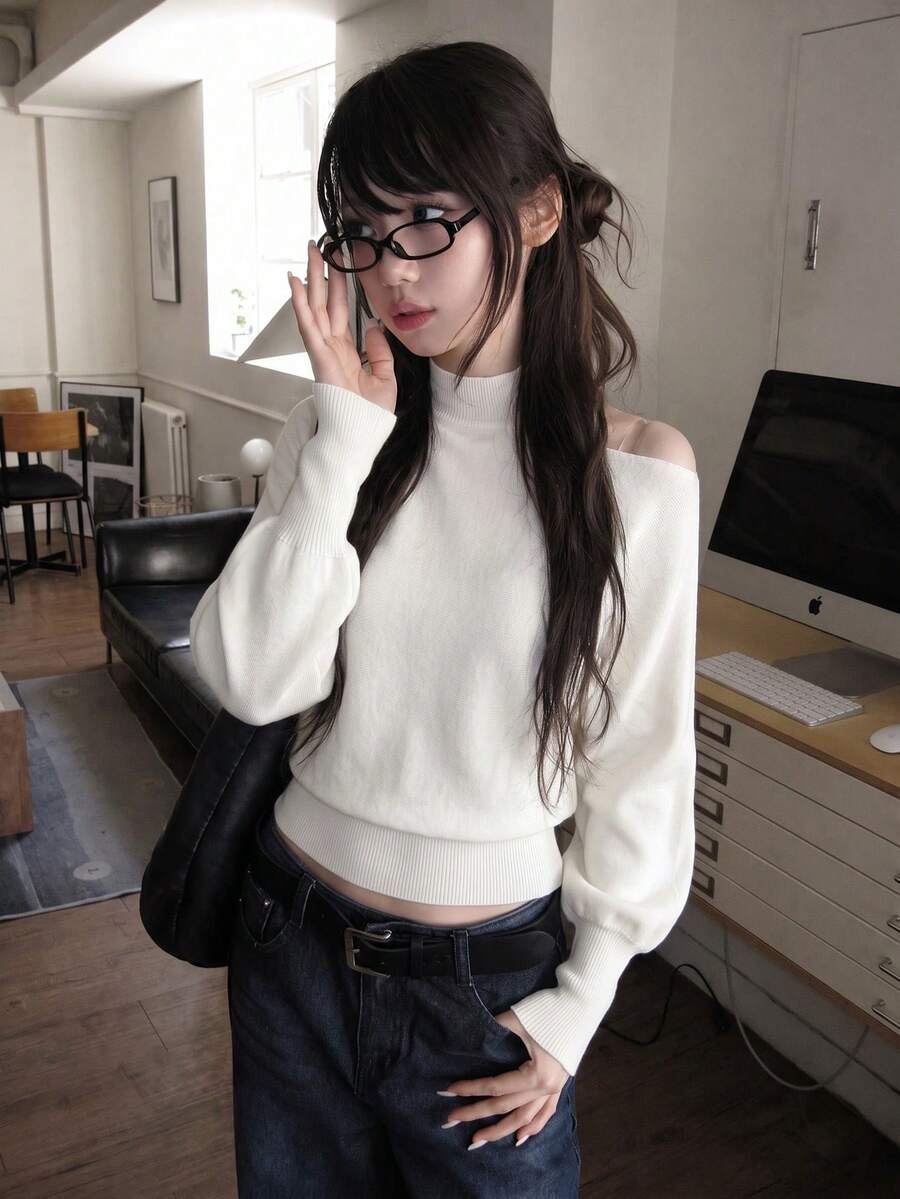 Autumn/Winter New Sexy Korean Style Scarf Off-Shoulder Long Sleeve Versatile Asymmetrical Base Layer Sweater Top - Apricot - View 1