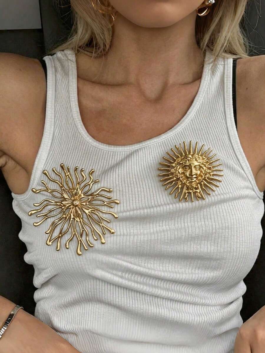1pc Metal Sun Goddess Brooch, Geometric Golden Coral Lapel Pin, Versatile Decoration For Suit - Gold - View 1