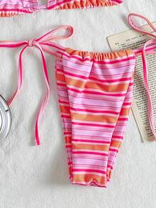 Women Vacation Stripe Printed Basic Swimwear For Summer Days, Everyday Triangle Tieside Bikini Beachwear,Beige Background With Print - Multicolor - View 5