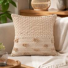 Beige Decorative Cushion With Tassels 45 X 45 X 15 Cm Cotton And Polyester Blend Cushion For Chairs - A - View 6