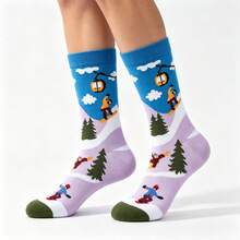 1/3/5 Pairs Ski Theme Mid-Calf Socks, Fresh Snow Mountain Print, Comfortable Fabric, Winter Skiing Outfit Essential - Multicolor - View 2