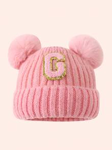 1pc Pink Kids Hat 26 Letters Baby Knitted Cap Boys Girls Warm Beanie Suitable For Outdoor Travel Daily Wear - Pink Gold Logo On Crown - Pink Double Ball Cap - View 54