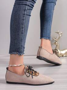 Leopard Print Patchwork Pointed Toe Flat Shoes For Women, Lace-Up Matte Low Vamp, Vintage Elegant Soft Sole Comfortable Commuter Shoes - Beige - View 5