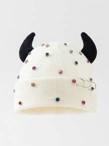 1pc Men's Fashion Solid Color Devil Horn Rhinestone Metal Ring Beanie Knit Hat, Warm For Autumn/Winter, Suitable For Daily Wear And Outfits - A - View 3