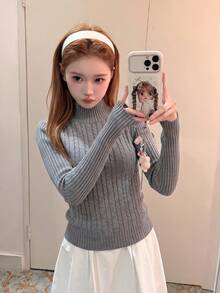Sweater Rajut Model Korea untuk Wanita, Melangsingkan Pinggang, Atasan Rajut Lapisan Dasar, Gaya Prancis Kelas Atas - Grey - View 6