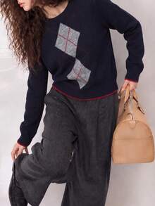 Women's Preppy Style Diamond Pattern Knit Pullover Sweater, Long-Sleeved Short Winter Top - Navy Blue - View 4