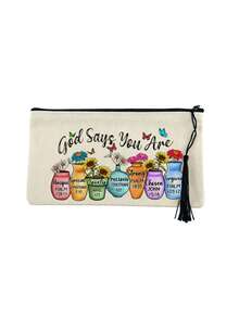 Canvas Zipper Makeup Bag, Printed With God's Blessing Message Pattern, Vase Flower Butterfly Pattern, Paired With Tassels, Can Be Used As Toiletry Bag,Travel Storage Bag,Stationery Bag,Reusable Cosmetic Organizer, Print Toiletry , A Gift From God - Multicolor - View 16