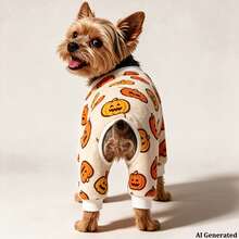 Opjoys 1 buah Jumpsuit Anjing Motif Jahat Halloween, Lembut, Lucu, Nyaman, Ramah Kulit, Rajutan, Desain Empat Kaki, Leher Bulat, Manset Bergaris, Perlindungan Perut Hangat, Anti-Rontok, Pakaian Rumah Hewan Peliharaan Musim Semi dan Musim Gugur Sehari-hari - Putih - View 5