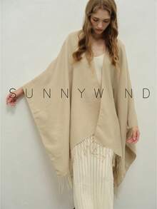 1pc Women's Solid Color Polyester Warm Versatile Elegant Casual Shawl For Daily Use - Beige - View 4