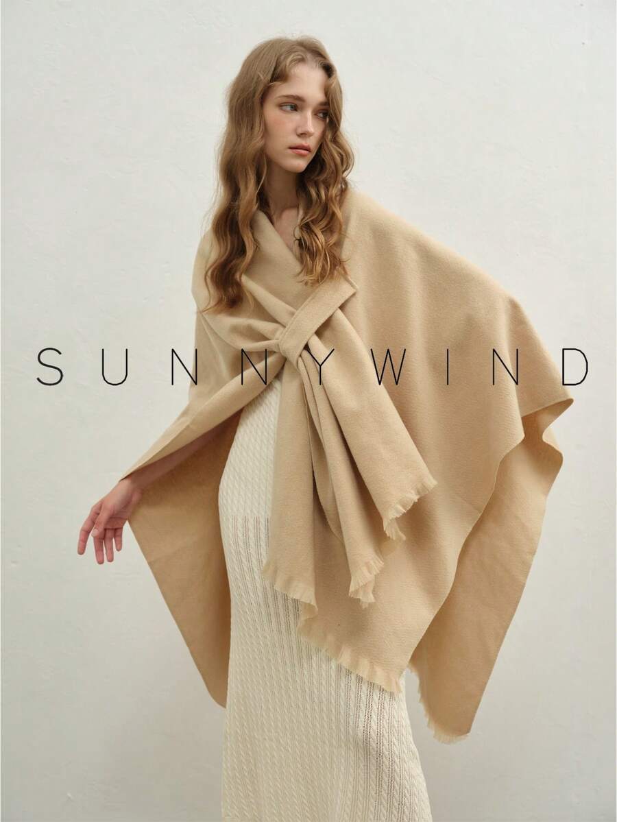 1pc Women's Solid Color Polyester Warm Versatile Elegant Casual Shawl For Daily Use - Camel - View 1
