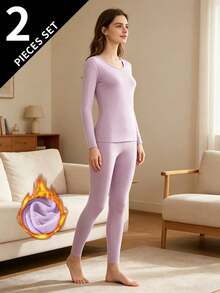 2pcs/Set Women's Thermal Underwear Set, Round Neck Top + Pants, Winter Base Layer Thermal Top And Leggings - Lilac Purple - View 2