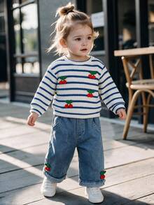 2pcs Baby Girl Casual Mori Style Striped Knit 3D Cherry Top & Denim Jeans Set, Thin Spring/Autumn - Blue - View 4