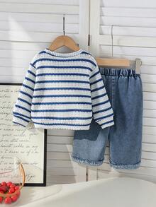 2pcs Baby Girl Casual Mori Style Striped Knit 3D Cherry Top & Denim Jeans Set, Thin Spring/Autumn - Blue - View 3